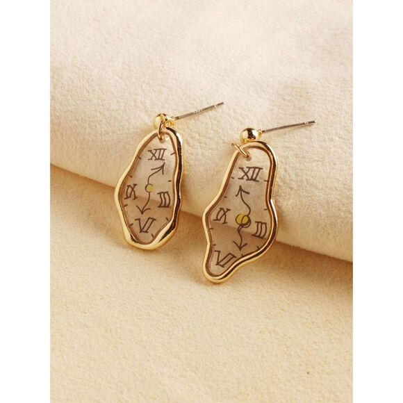 Elegant Melting Gold Clock Drop Earrings Abstract Salvador Dalí Fashion Jewelry - Picture 1 of 6